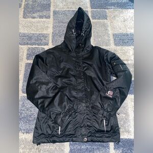 Black Hooded Ride Snowboard Jacket with Embroidered Rose Logo